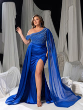 Plus Rhinestone Decor One Shoulder Cape Evening Gown with High Slit